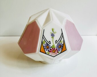 Gorgeous Antique Art Deco Milk Glass Ceiling Light Globe 8 Panel Geometric Hand Painted Pink and Purple Flowers English Cottage Core