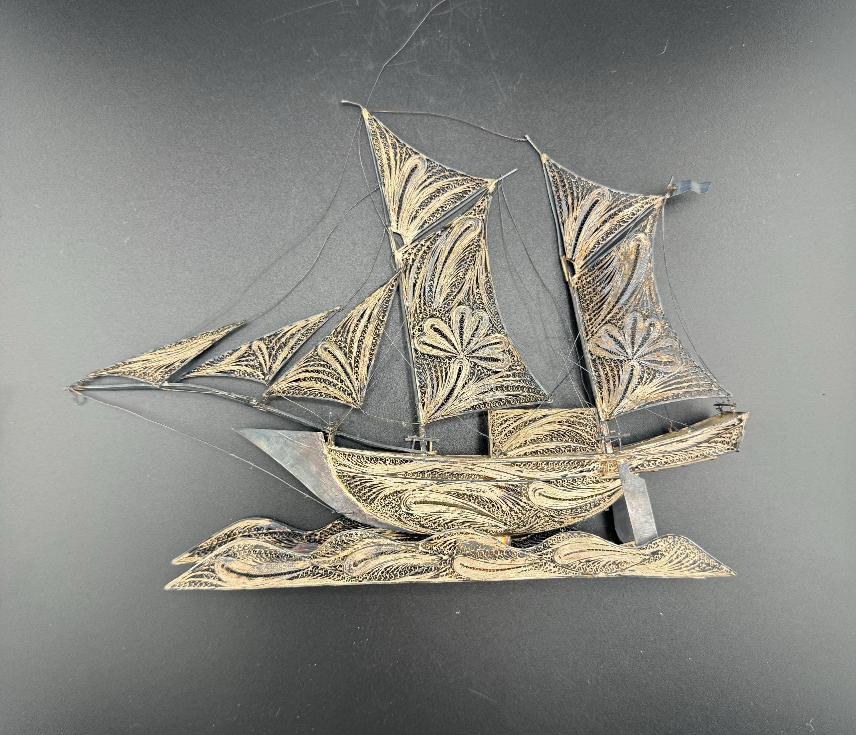 Amazing Antique Spun Silver Wire Filigree Indonesian Ship