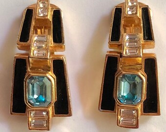 Enameled Christian Dior Hinged Dangle Clip On Jeweler Door Knocker Earrings Vintage Christian Dior Couture Art Deco Revival
