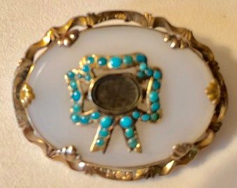 Antique Georgian Persian Turquoise Ribbon and Chalcedony Memento Mori Brooch Victorian Mourning Brooch Victorian Mourning Jewelry ca 1830s