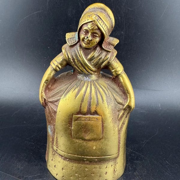 Vtg Brass Bell Miniature Dutch Lady Milk Maiden Feet Clappers Colonial Victorian Milkmaid Farm Girl Servant Butler Handbell Figurine As Is