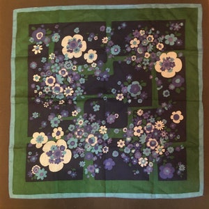 Vintage Large Purple and Blue Flowers Floral Scarf Approx 24” by 2”4 Ca 1970s-80s