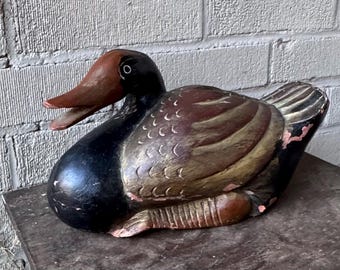 Vintage Painted Folk Art Duck Decoy Carving Wooden Sculpture Primitive Mallard Artist Signed H Hunting Lodge Rustic Weathered Farmhouse