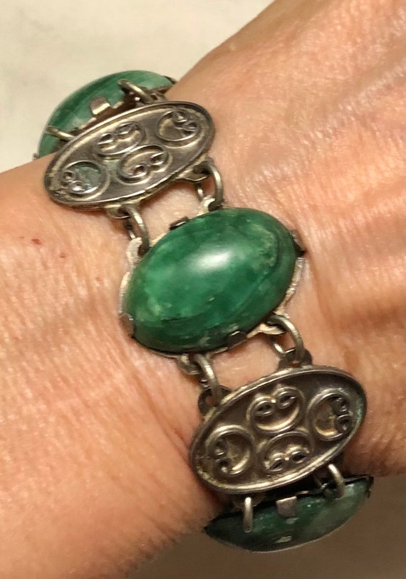 Vintage Mexican Jade Serpentine Silver Paneled Br… - image 9