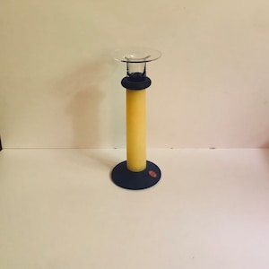 Single Yellow and Blue Postmodern Swedish Tingsgården Nordic YV Eskilstuna Glass Candle Holder Stockholm Sweden Modernist MCM Style