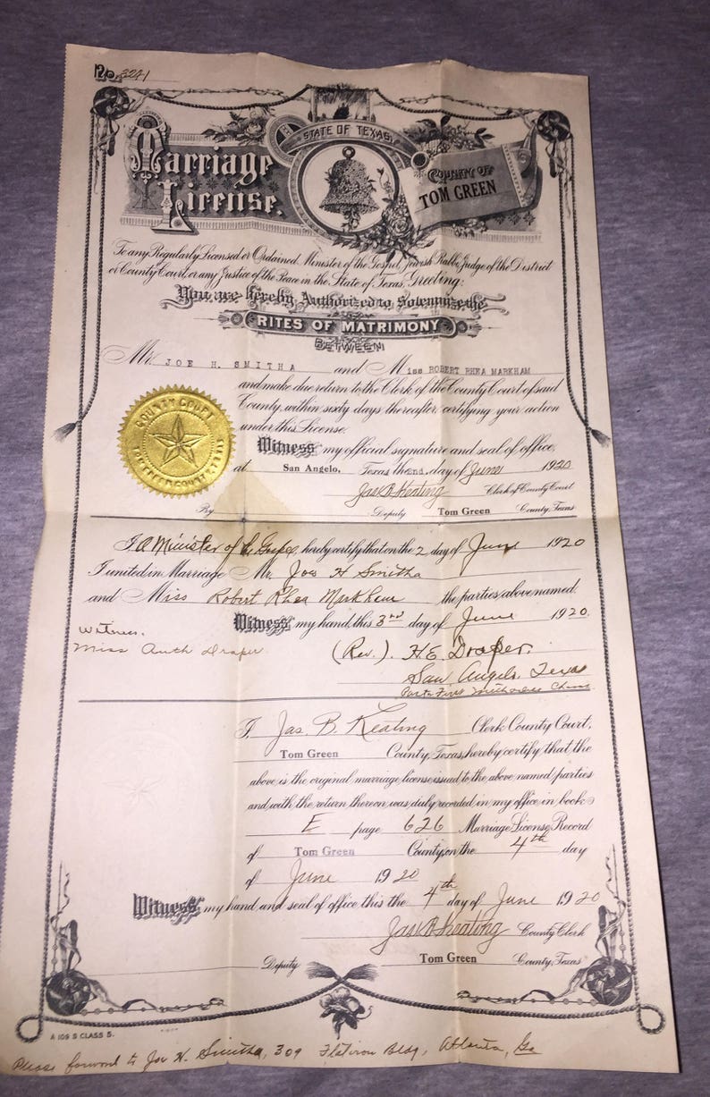 1920 texas marriage license certificate rites of matrimony