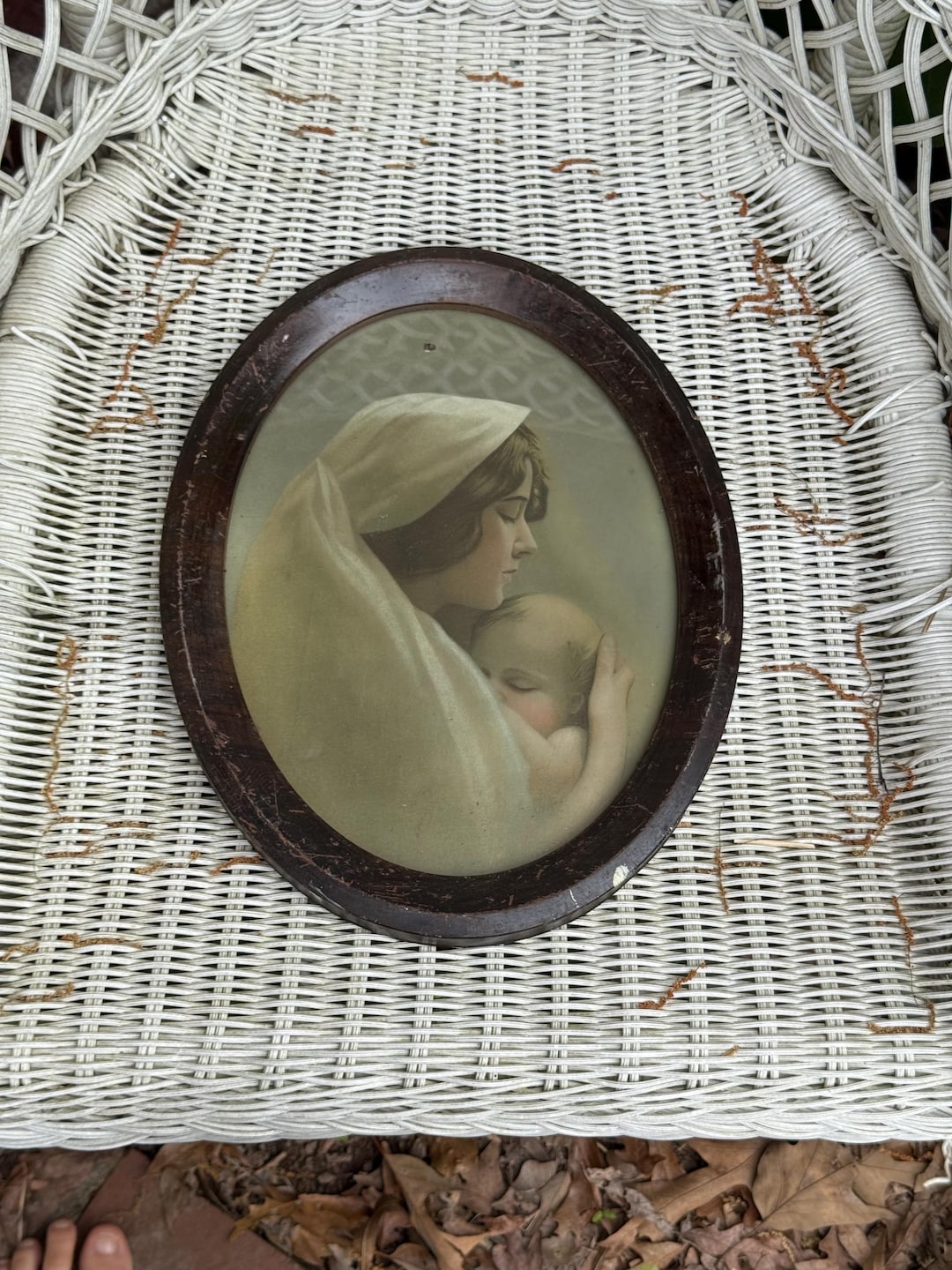 Antique Madonna and Child Print in Metal Oval Frame Virgin Mary Holding ...