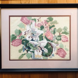 Beautifully Handmade Framed Intricate Needlepoint Floral Still Life Bouquet Pink Tulips White Lilies Flower Arrangement Cottagecore
