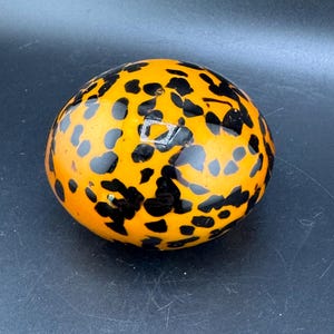 Pode incluir: Um peso de papel redondo de vidro laranja com um padrão de leopardo preto.
