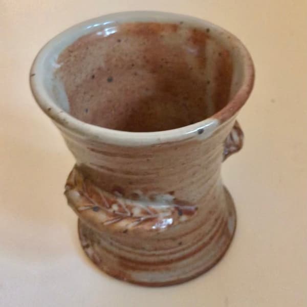 Vintage Ceramic Cup Holder Southern Art Pottery Vase Pot Artist Signed Linda Jacob Toothbrush Cup Pencil Container Leaf Handles Hippie Decor