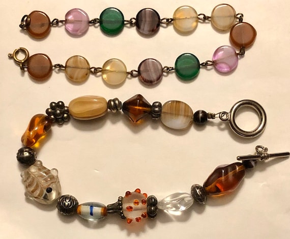 Vintage Art Glass Bracelets Pair Beaded Bracelets… - image 2