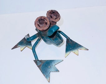 Funky Vintage Scrap Metal Anthropomorphic Frog Nuts & Bolts Sculpture Outsider Art Happy Froggy Whimsical Garden Folk Art Smily Face Frog
