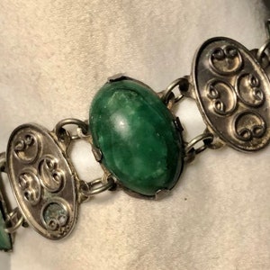 Vintage Mexican Jade Serpentine Silver Paneled Bracelet