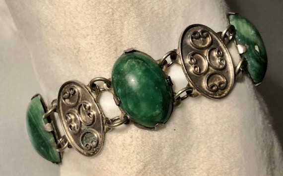 Vintage Mexican Jade Serpentine Silver Paneled Br… - image 1