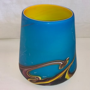 Stunning Vintage Azerbaijan Russia Art Glass Vase Blue Yellow Layered Blown Glass Vase Freeform Swirl Satin Finish Hand Blown Cased Glass