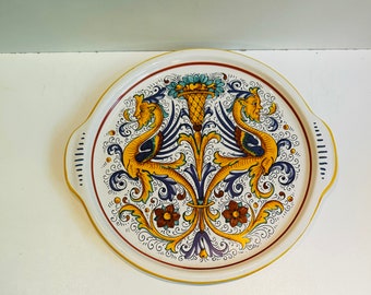 Vintage Italian Raffaellesco Serving Platter Hand Painted Tray w Handles Ceramiche Ceramica Nova Deruta Grottesca Dragons Made in Italy