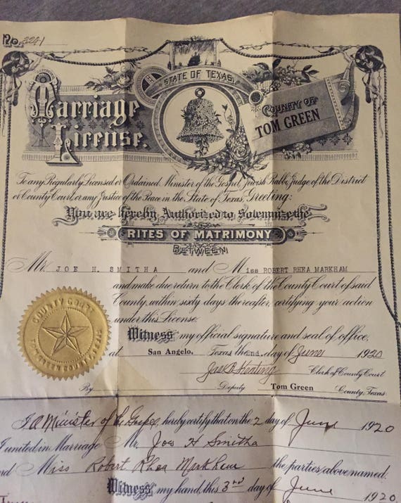 1920 Texas Marriage License Certificate Rites of Matrimony Etsy