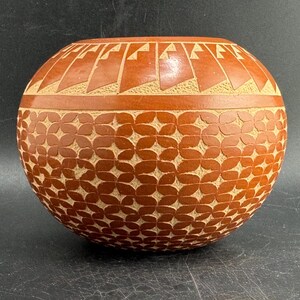 Vintage Carol Vigil Jemez Etchware Vase Small Ceramic Sgraffito Redware Clay Pot Native American Pueblo Indian Weedpot Budvase Artist Signed