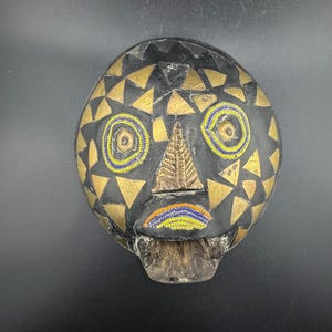 Vtg Carved Wooden African Moon Mask Sculpture Wall Hanging Beadwork Brass Inlay Luba Congo Ceremonial Tribal Folk Art Ashanti Ghana AS IS