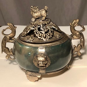Antique Chinese Incense Burner Silver & Jade or Serpentine Stone Foo Dog Elephants Quilong Dragons ca 1900
