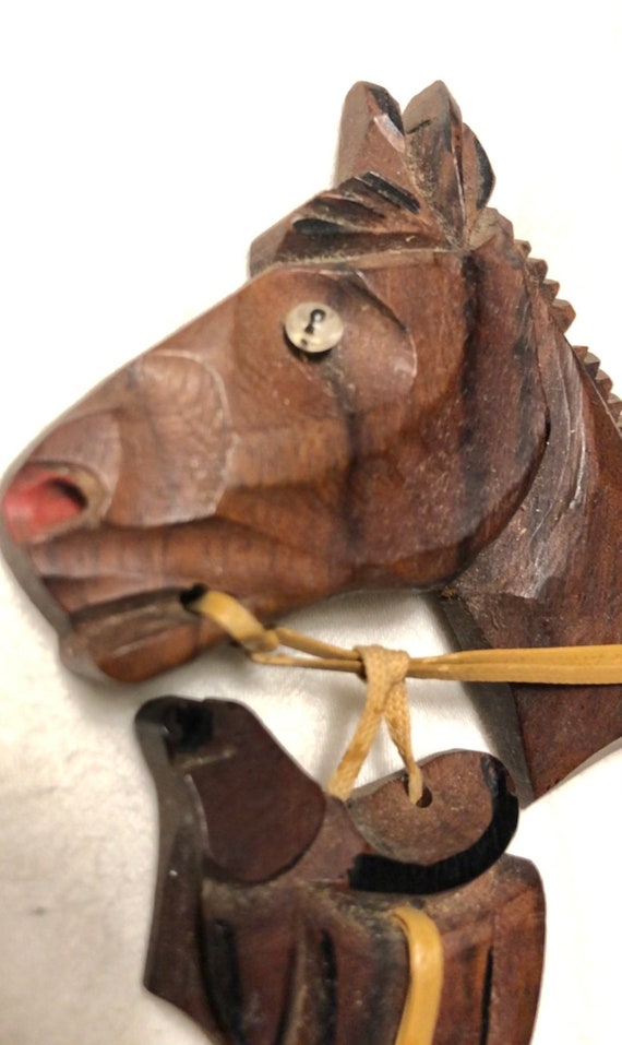 Vintage Carved Midcentury Leather & Wood Horse an… - image 7