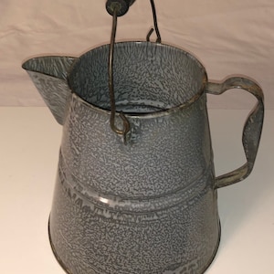 Vintage Grey Enamel Graniteware Kettle Cowboy Coffee Pot Metal & Wood Handle Rustic Farmhouse Primitive Kitchen Enamelware Pitcher