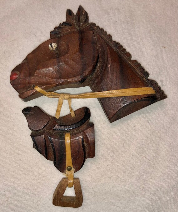 Vintage Carved Midcentury Leather & Wood Horse an… - image 3