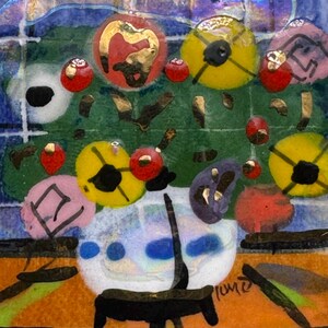 May include: A colorful abstract painting of a vase with flowers. The vase is white with blue dots and the flowers are red, yellow, and purple. The background is a blue and green tiled pattern. The painting is signed "Rome"