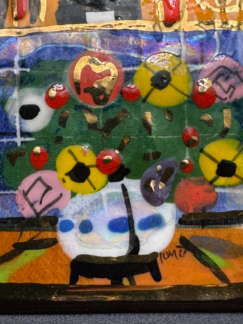 May include: A colorful abstract painting of a vase with flowers. The vase is white with blue dots and the flowers are red, yellow, and purple. The background is a blue and green tiled pattern. The painting is signed "Rome"