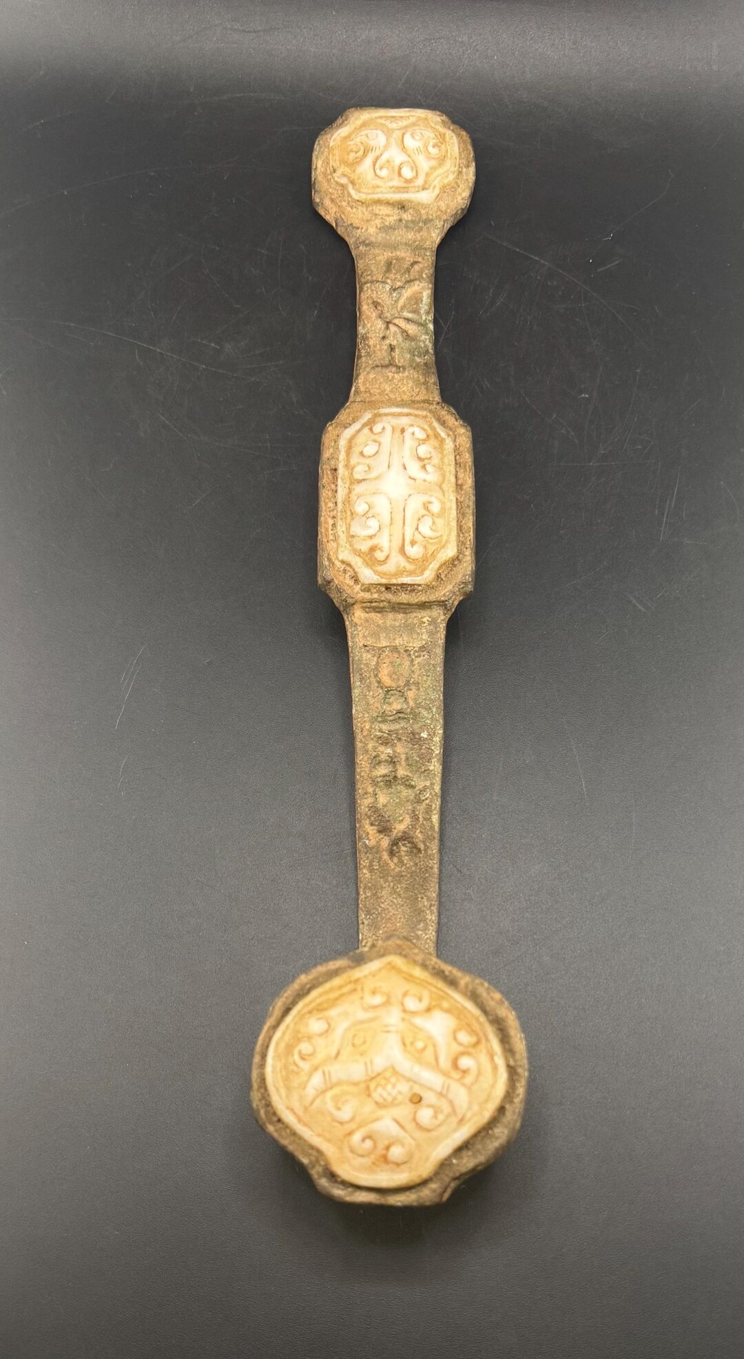 Antique Chinese Bronze White Jade Ruyi Scepter Ancient Buddhist or ...