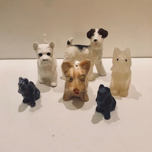 Deco Midcentury Japanese Ceramic Dog Figurine Collection West Highland Terrier Glass Eyes Westie Airedale Scottie MIJ & Onyx Dog Sculpture
