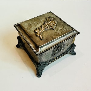 Sweet Miniature Antique Footed Silver Victorian Jewel Casket Jewelry Box Stash Box Embossed “Jewels” Hinged Lid no Key As Is