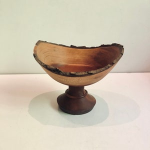 Vintage Rustic Signed Folk Art Cherry Wood Bowl Wooden Footed Dish by Don Griffith Primitive Farm House