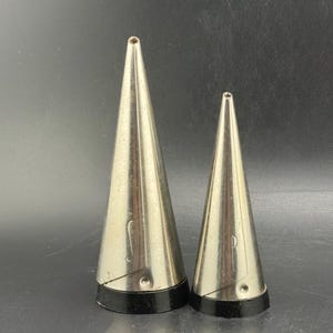 Vintage MCM Pierre Forsell Gense Sweden Salt & Pepper Shakers Modernist Conical Brushed Stainless Steel Black Bases Swedish Modern