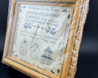 Vintage Miniature German Folk Art Christmas Sampler Framed Paper Cutting Silhouette Wall Hanging Designs with Scissors 1990