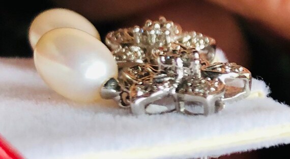 Stunning Vintage 14K White Gold Diamond Pearl Dro… - image 8