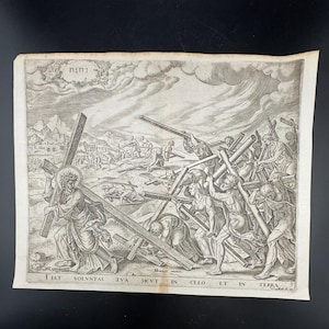 Antique Religious Lords Prayer Engraving “Let Your Will Be Done on Earth as in Heaven” Johannes Wierix after Maarten van Heemskerck 16th Ca