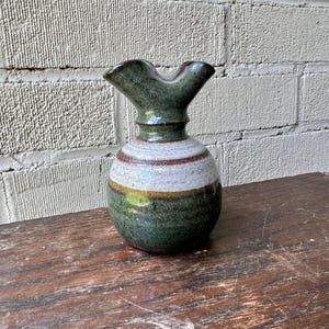 Tiny Vintage Redware Oil Lamp Diffuser Wheel Turned Folk Art  Pottery Earth Tones Pinch Pot Spout Speckled  Green & Gray Glaze signed AG