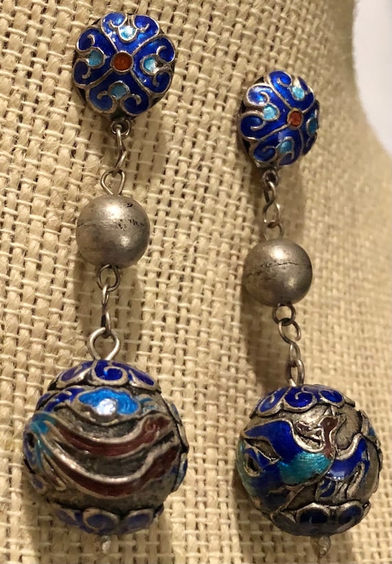 Antique Chinese Enameled Dangles Pierced Chinese Earrings 1920s-30s View 5