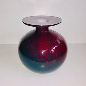 Vintage Art Glass Ball Vase Red Art Glass Bud Vase Layered Case Glass w Dark Green Dots White Interior MCM Style Modernist Lines Vessel