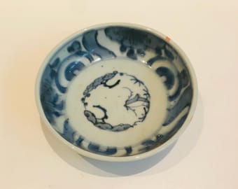 Antique Chinese Bowl Saucer Blue and White Sometsuke Porcelain Small Centerpiece Trinket Dish Café au lait Dessert Soup Bowl Early 20th C