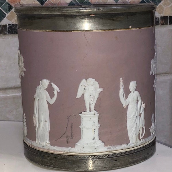 BROKEN Wedgwood Biscuit Barrel Antique Cookie Jar AS IS 19th C Rare Lilac Jasperware Greco Roman Cherub Wedgwood Biscuit Jar Destash