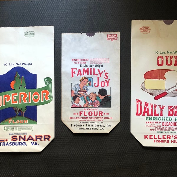 Antique New/Old Art Deco Paper Flour Sack Bags Family's Joy Daily Bread Superior Bags Bright Graphics Bristol TN Virginia Farm Country Decor