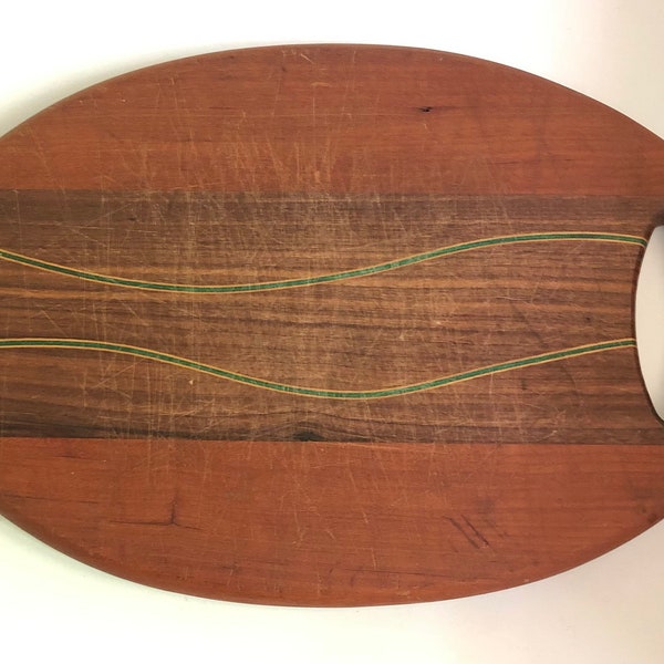 Handmade Cutting Board Sculpture Wall Hanging Wooden Inlay Hippie Boho Decor Well Used Curved Green Inlay