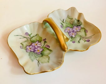 Hand Painted China Candy Nut Dish Nappy Dish with Purple Violets Flower Buds  Cottagecore Grandmothercore Artist Signed L Arden 1964