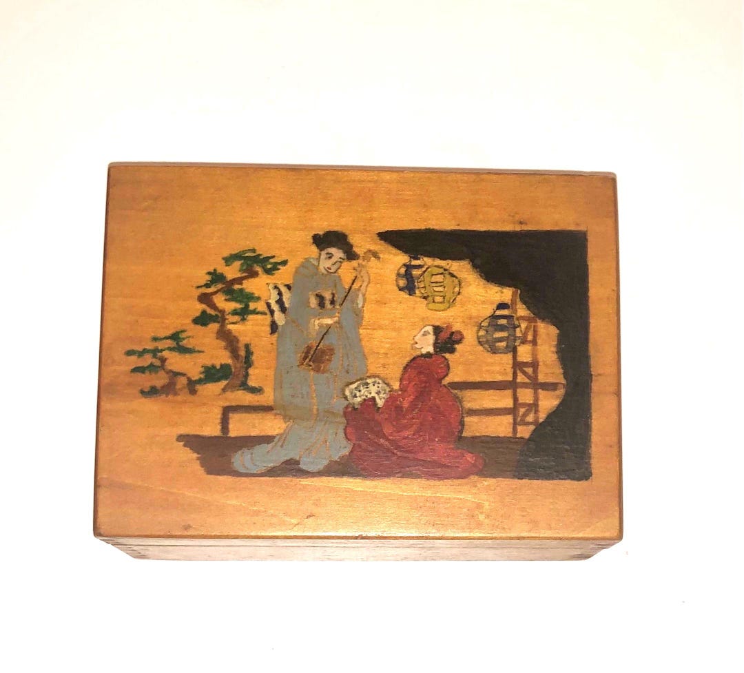 Vintage Hand Painted Wooden File Box Asian Japanese Geisha Girls ...