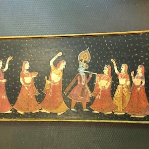 Indian Folk Art Painting Radha Krishna Gopis Dancing Rasleela Raslila Dance Divine Love Hindu Mythology Painting Hindi Altar Framed Wall Art