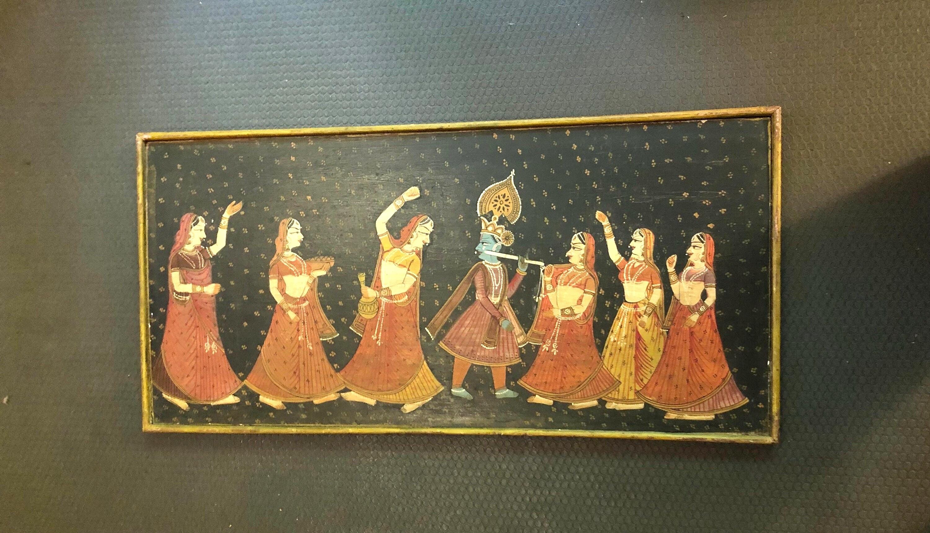 Indian Folk Art Painting Radha Krishna Gopis Dancing Rasleela Raslila Dance Divine Love Hindu Mythology Painting Hindi Altar Framed Wall Art