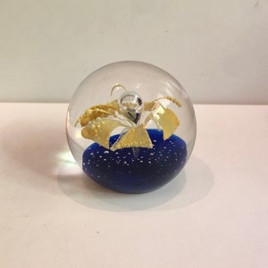 Beautiful Vintage Art Glass Paperweight Controlled Bubbles Cobalt Blue Yellow Flower Floral Bloom Murano Style Sculpture