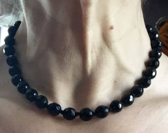 Vintage Faceted Black Necklace Glass Choker w Original Made in Austria Clasp! 16 Inch Midcentury Choker Necklace Hand Knotted Beads